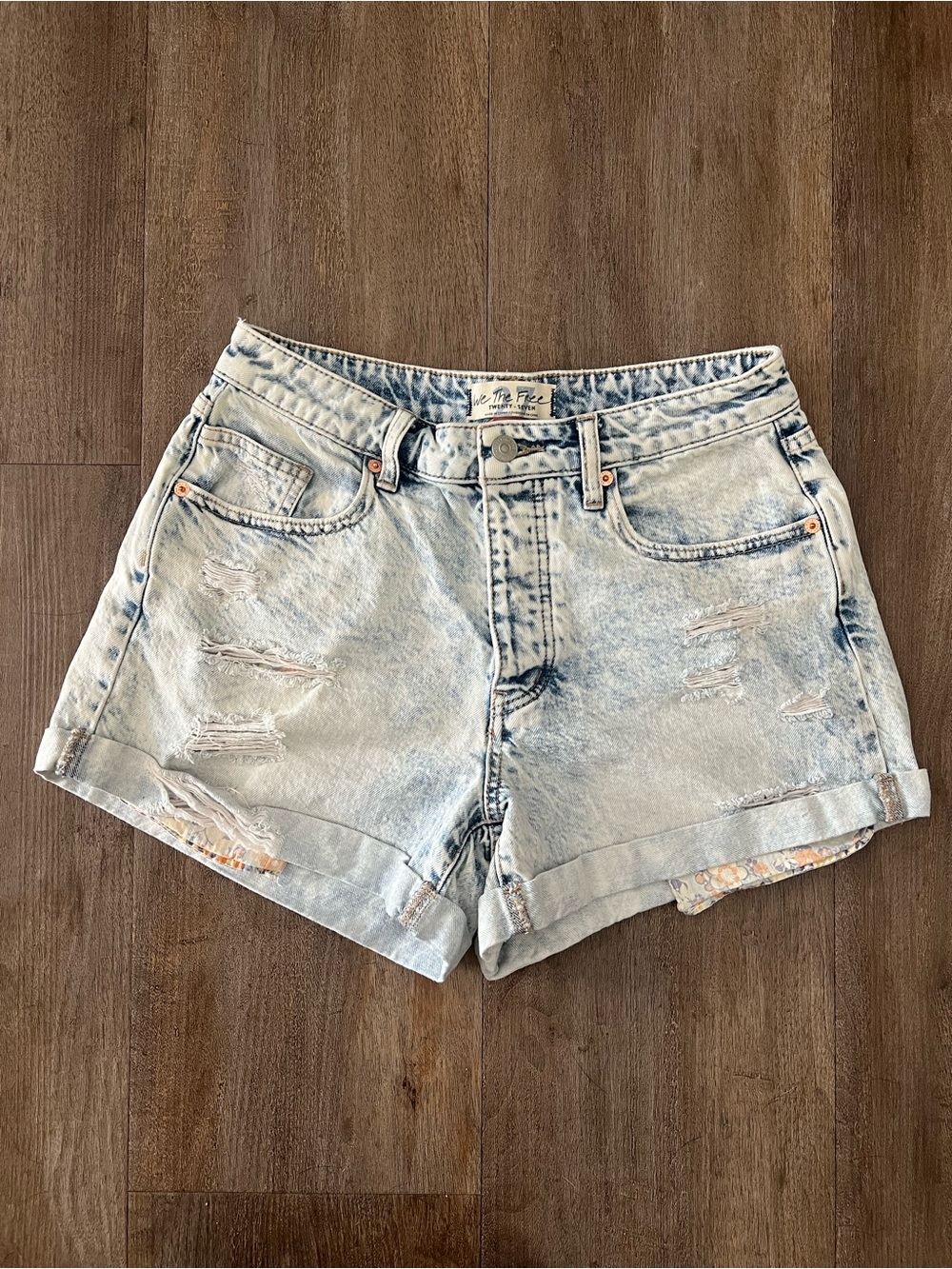 We The Free Acid Wash Distressed Cuffed Denim Shorts